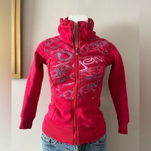 Women's Red Zip-Up Hoodie Jacket with Graphic Detail